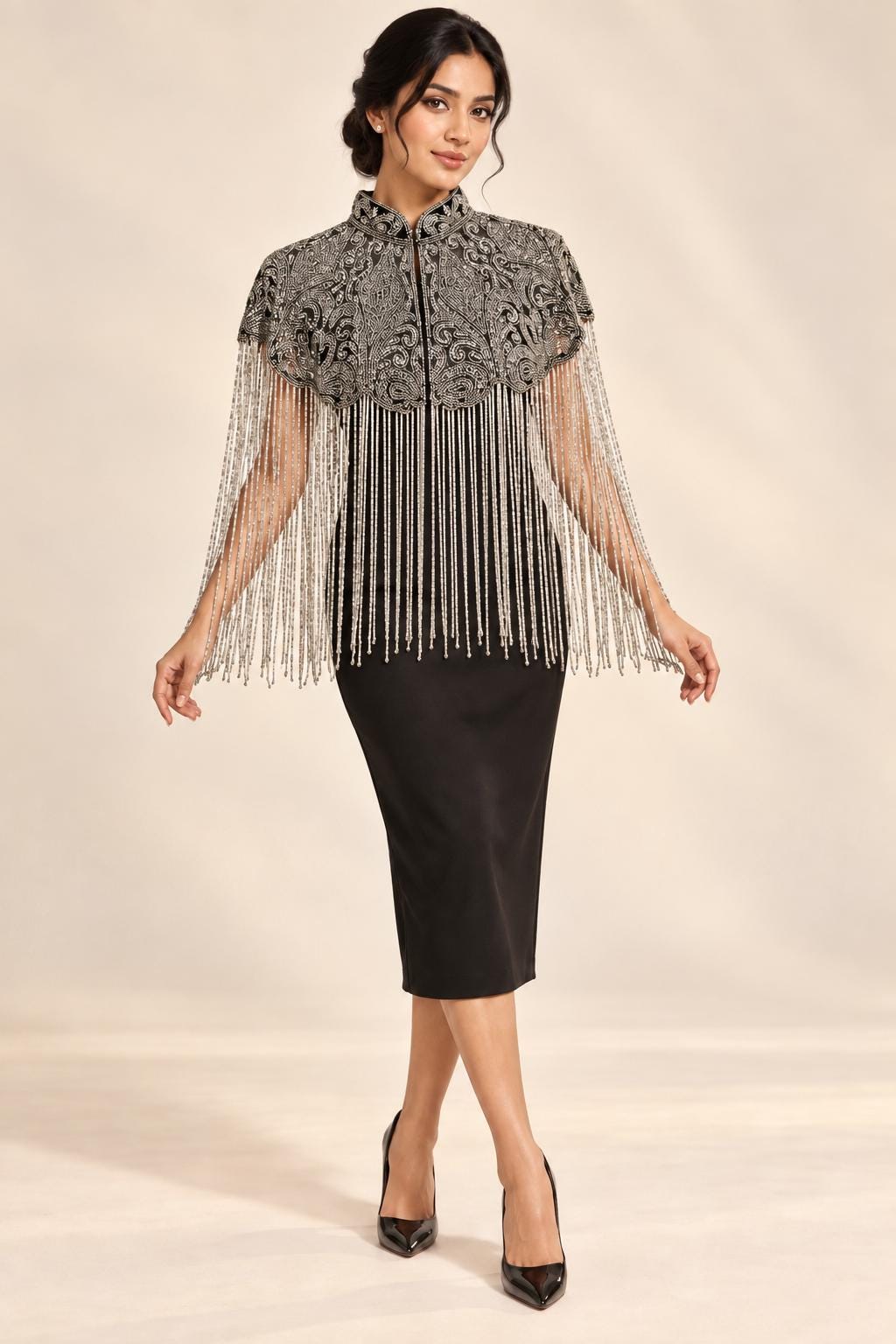 Silver Night Beaded Fringe Capelet in black and silver, view 1