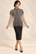 Silver Night Beaded Fringe Capelet in black and silver, view 1