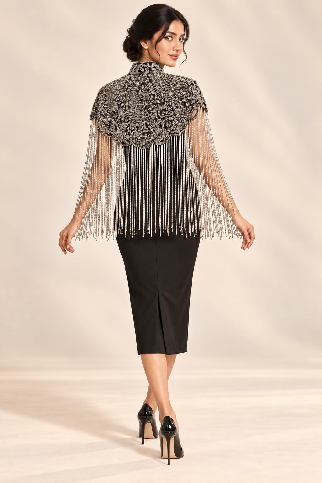 Silver Night Beaded Fringe Capelet in black and silver, view 6