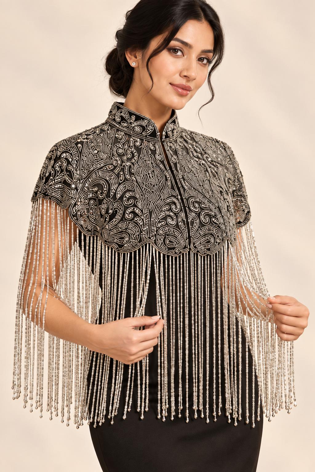 Silver Night Beaded Fringe Capelet in black and silver, view 3