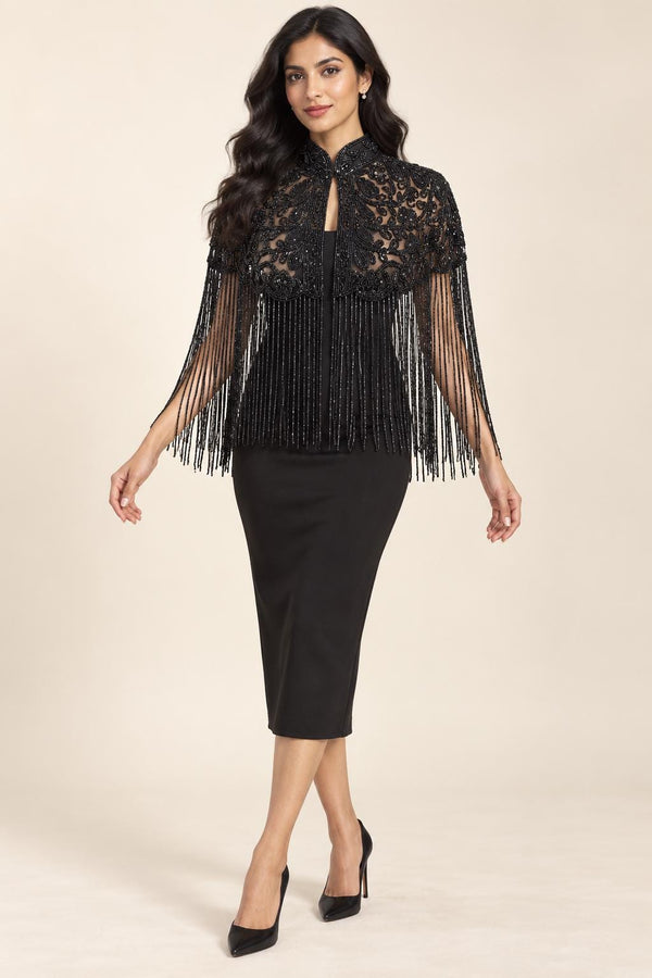Paisley Noir Cape, hand beaded fringe cape