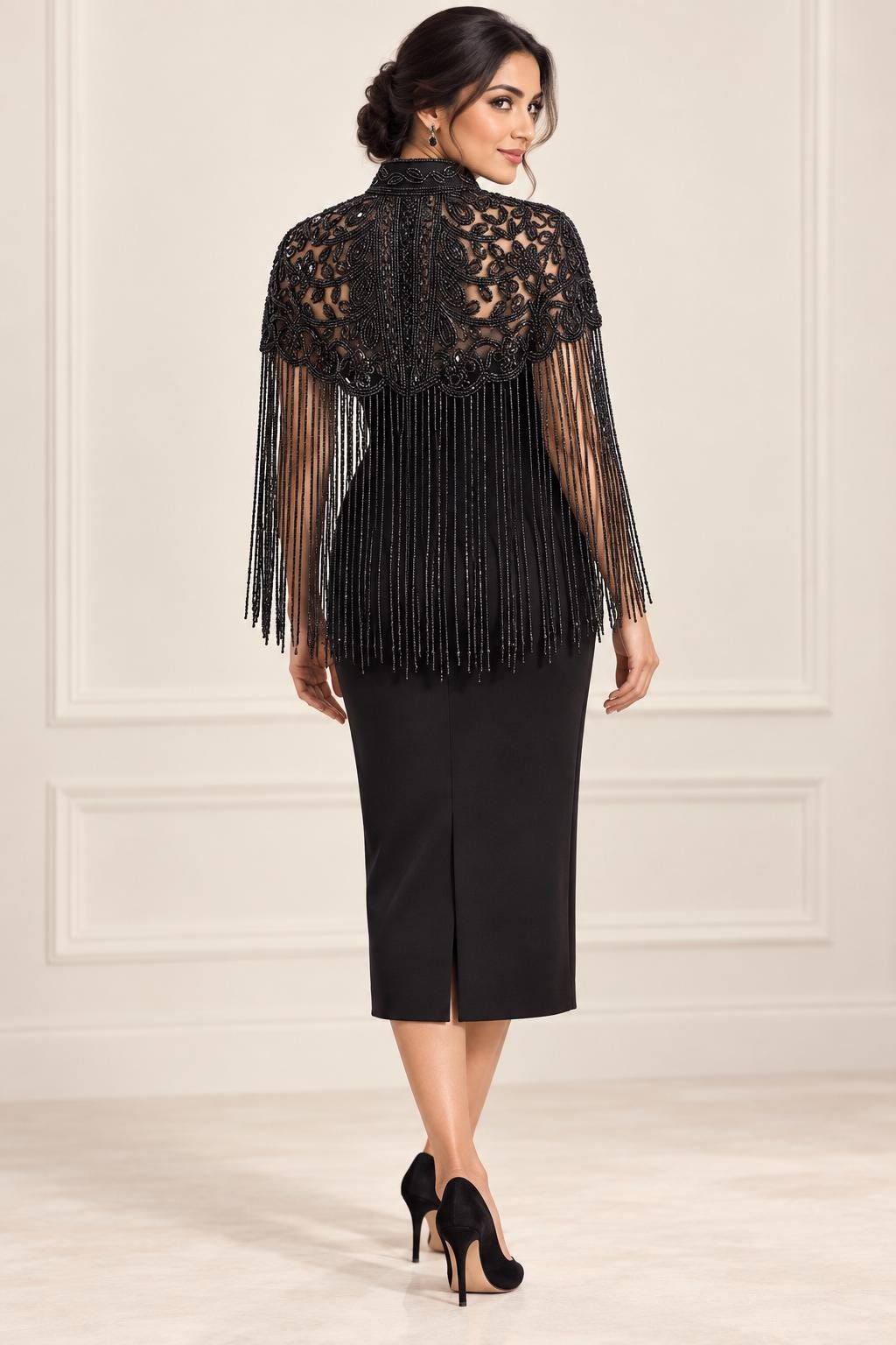 Paisley Noir Beaded Fringe Cape in black, view 2