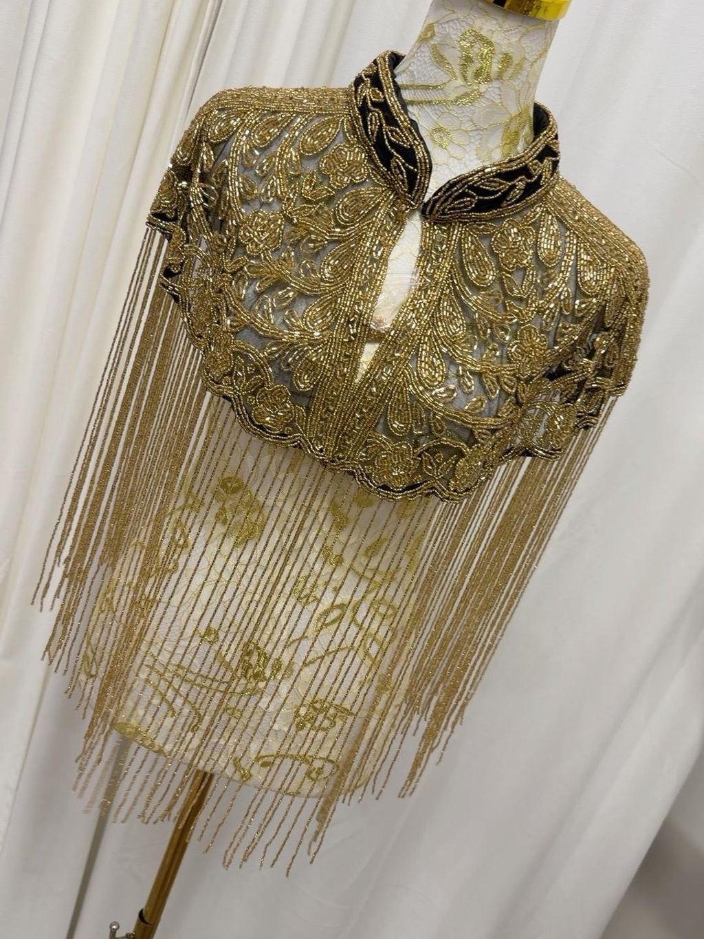 Antique Gold Beaded Fringe Cape in black and antique gold, view 9