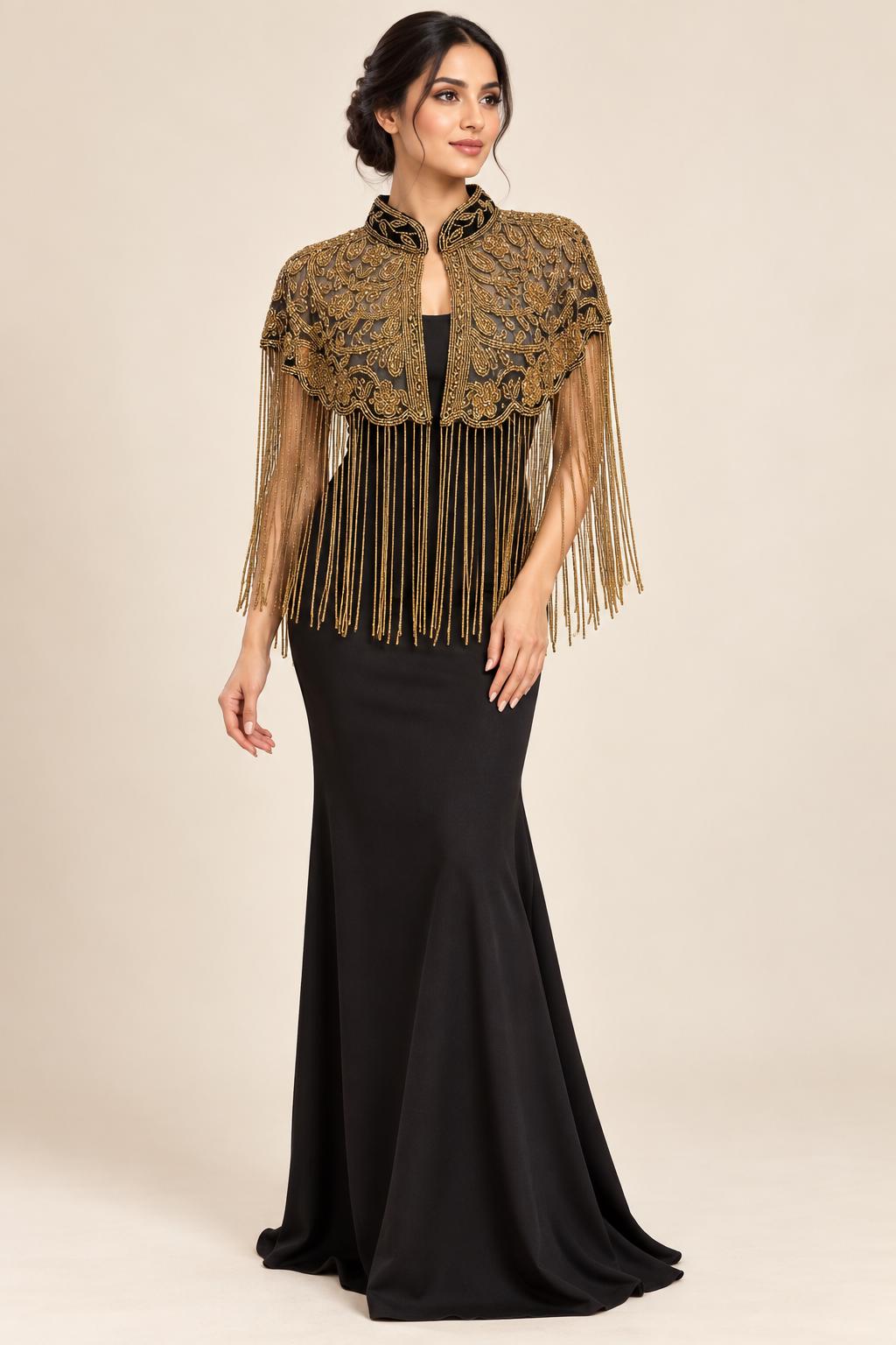 Antique Gold Beaded Fringe Cape in black and antique gold, view 2
