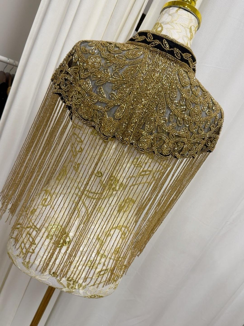 Antique Gold Beaded Fringe Cape in black and antique gold, view 7