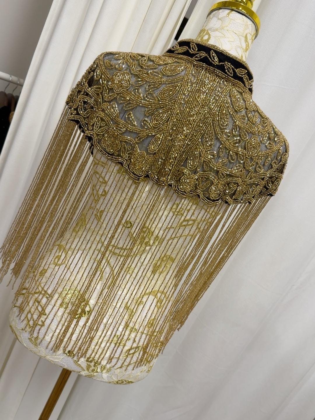 Antique Gold Beaded Fringe Cape in black and antique gold, view 7