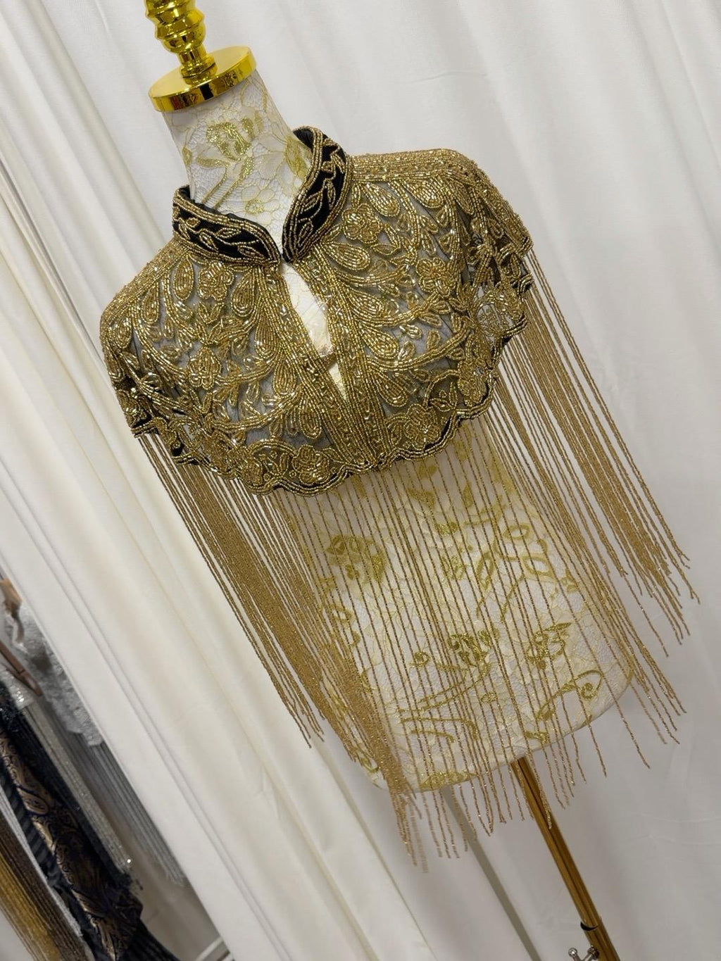 Antique Gold Beaded Fringe Cape in black and antique gold, view 6